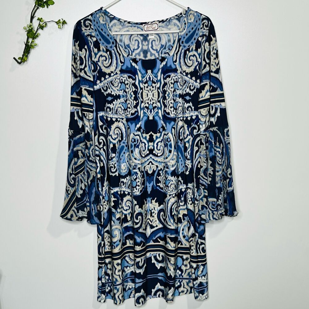 Ivy Road Blue White Ikat Print Bell Sleeve Dress